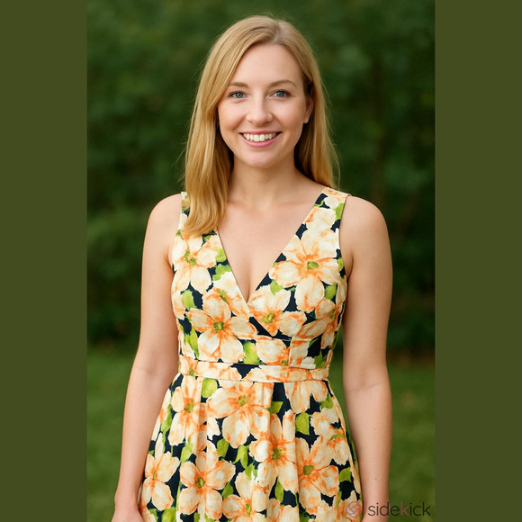 J. Crew Dresses & Skirts - J. Crew Navy Yellow Orange Cotton Floral Pleated V-Neck Dress